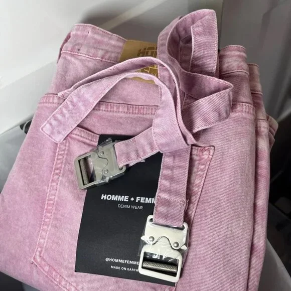 HOMME + FEMME LA distressed flare cargo jeans w/straps washed LIGHT PINK - Picture 3 of 9